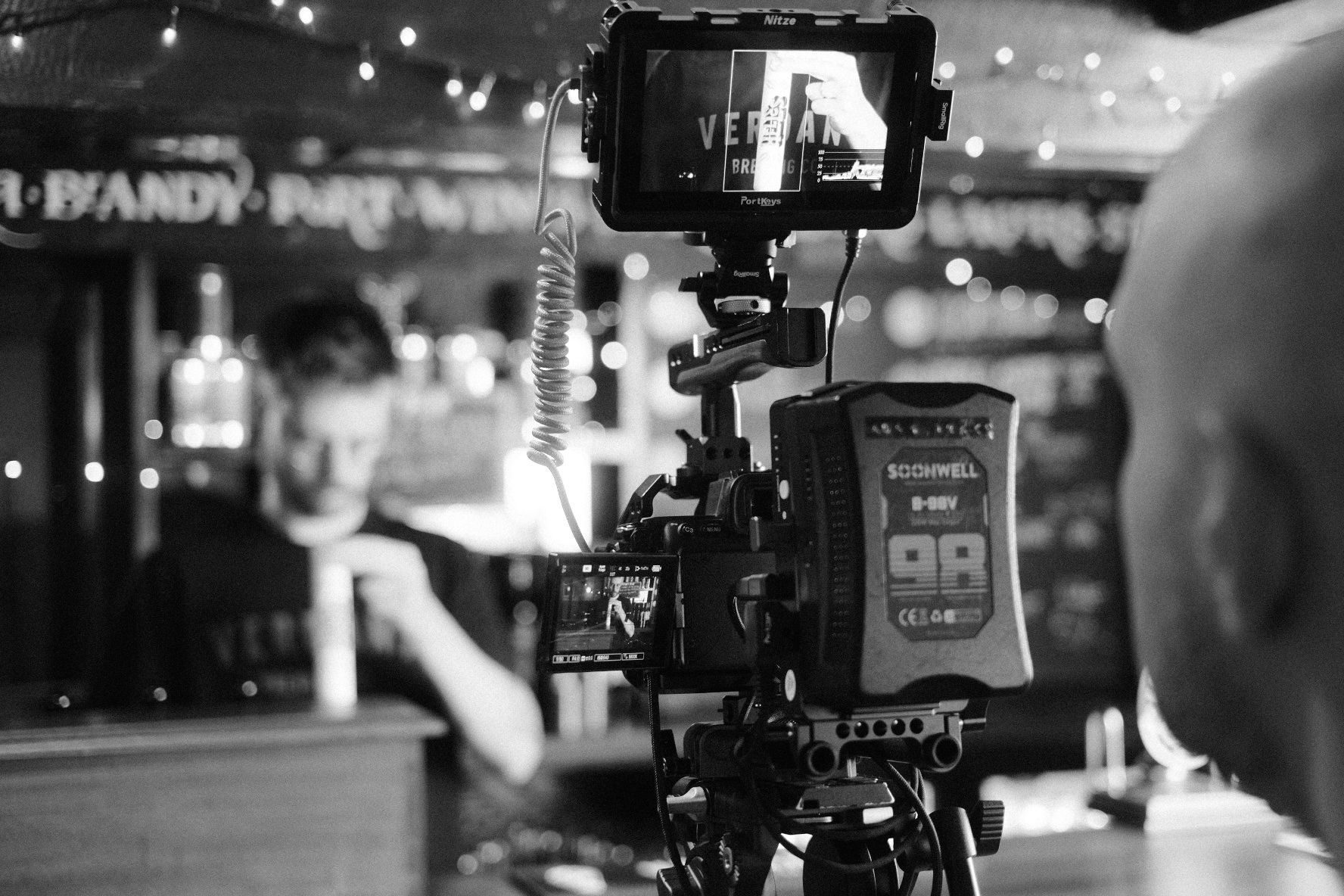 Behind the scenes: reviewing footage on a monitor rig during the Verdant Brewing Co. brand film shoot